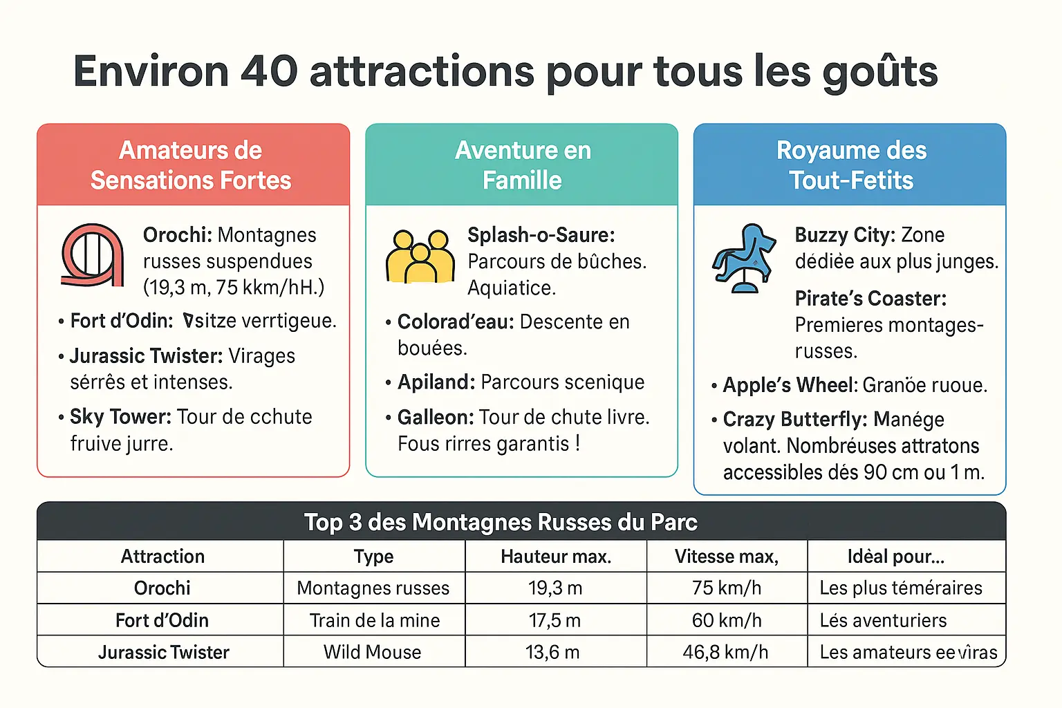 Aperçu des attractions du Parc du Bocasse par type de visiteur