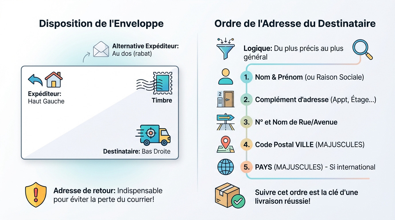 Schéma explicatif montrant comment positionner l'adresse sur une enveloppe pour un envoi postal réussi
