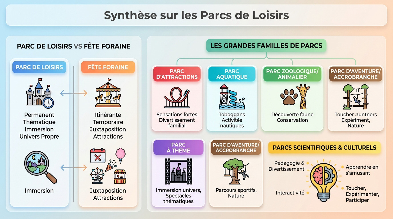 Synthèse visuelle illustrant la diversité des parcs de loisirs et leurs activités