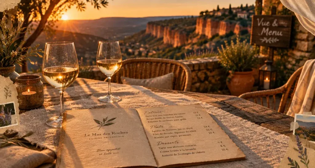 Best restaurant Luberon : carte des menus et terrasse provençale face aux ocres