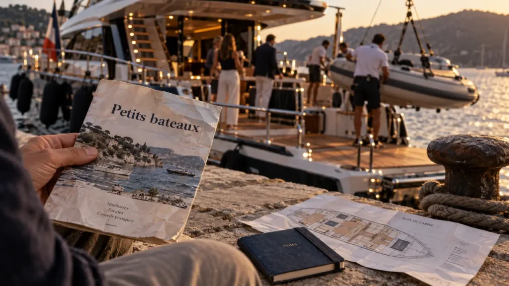 Croisière de luxe petit bateau : escales et service, brochure près du yacht