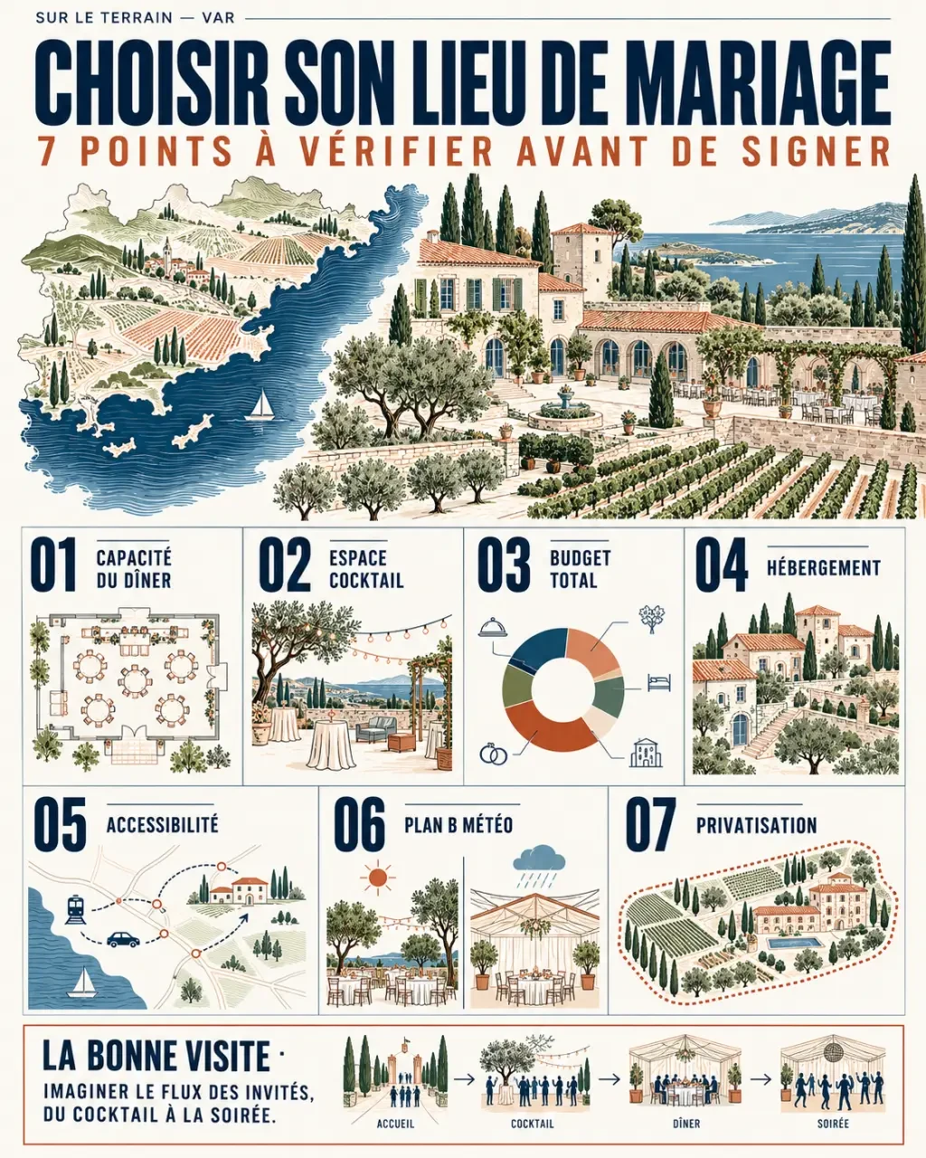 Infographie pour choisir un lieu de mariage dans le Var selon la capacité, le budget, l’hébergement et le plan B météo