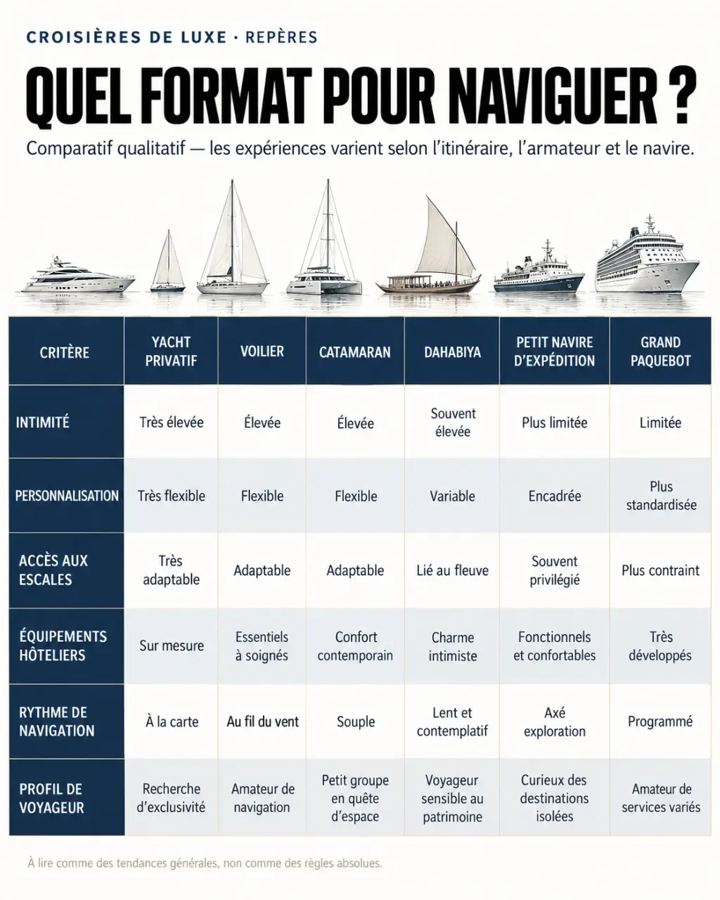Croisière de luxe petit bateau : comparaison des formats yacht, voilier, catamaran, dahabiya et navire d’expédition