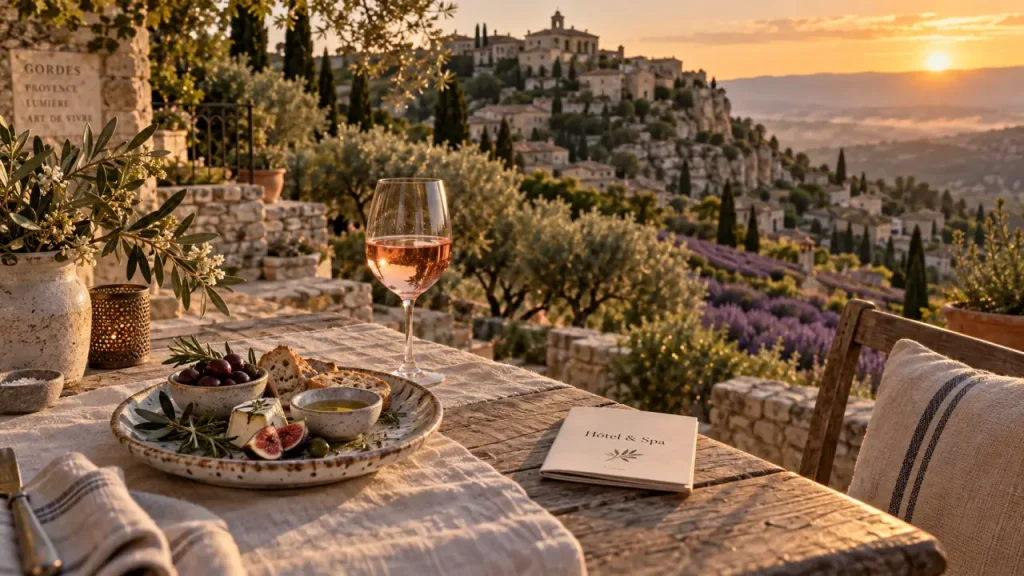 Hôtels à Gordes Lubéron : table sur terrasse, mas avec piscine