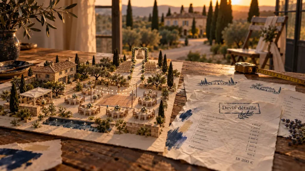 Lieu de mariage dans le var : maquette et devis sur une table, bastide provençale