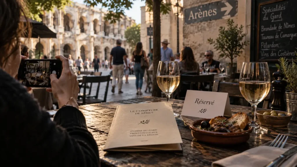 Meilleur restaurant nîmes et alentours, table avec menu et vin devant un restaurant à Nîmes