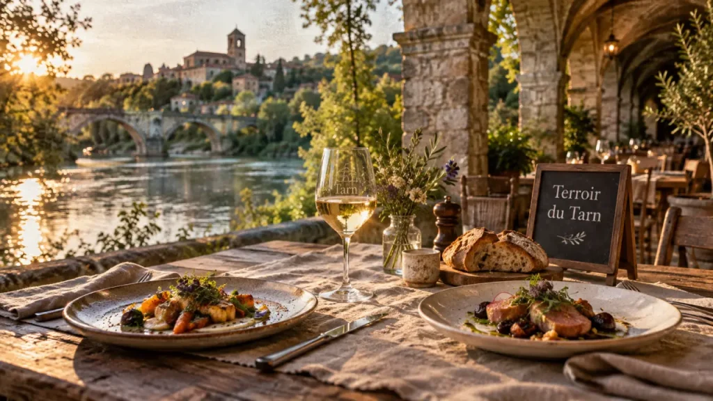 Restaurant atypique tarn : table dressée, terrasse au bord de l’eau